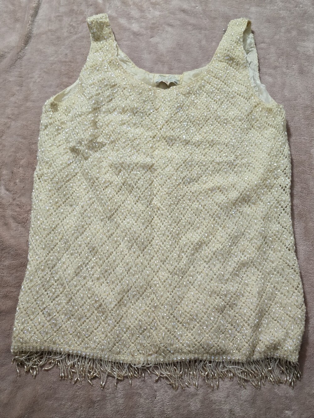 Vintage 1950's Cyn Les 190% Wool Iridescent Sequin Beaded Fringe Hand Sewn Top